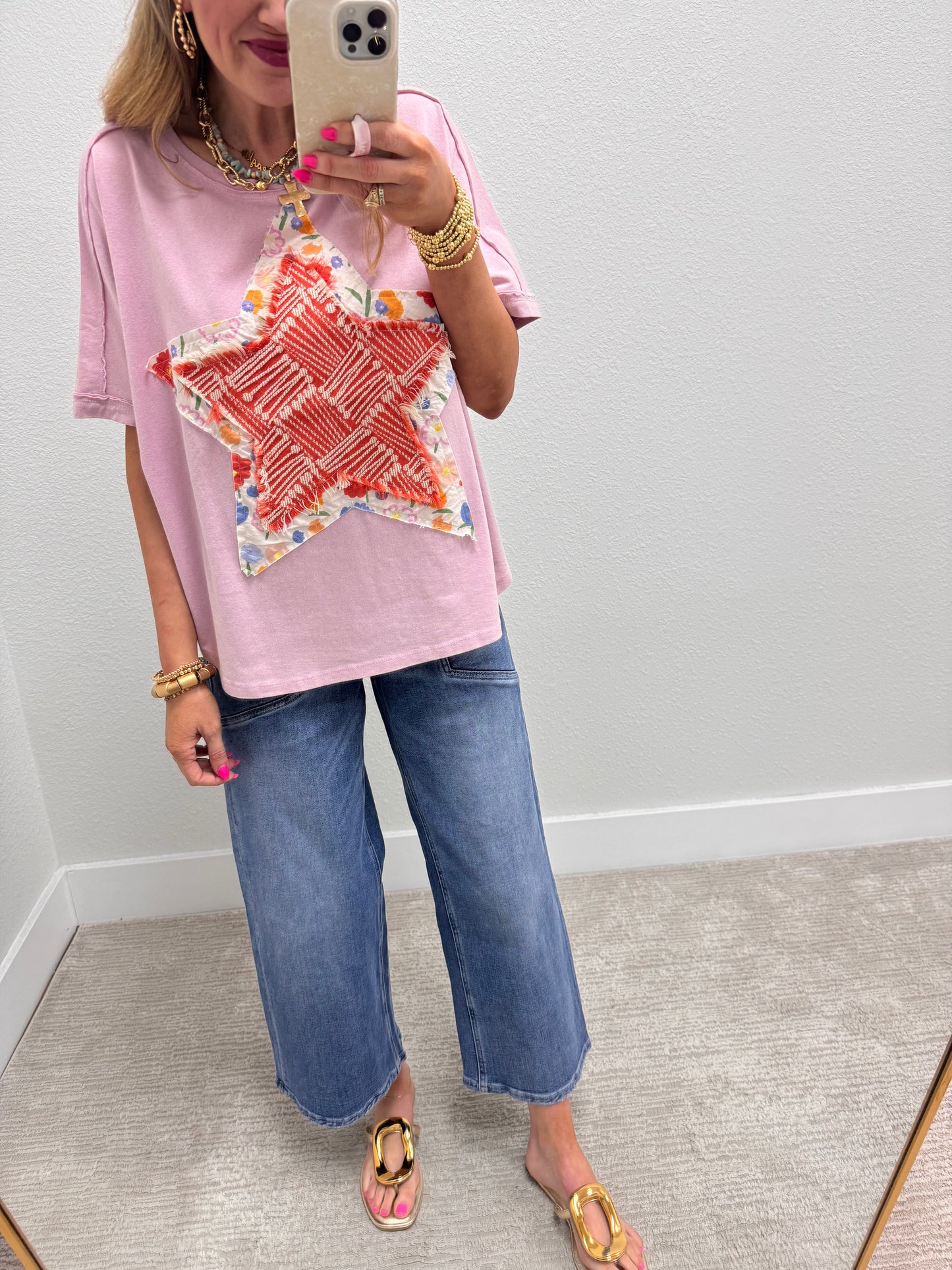 Cotton Pink Star Patch Top