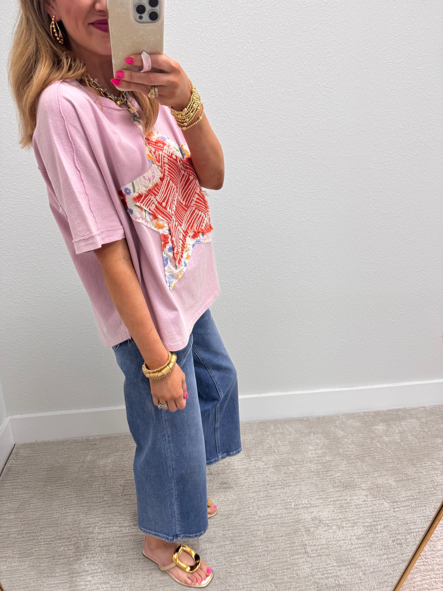 Cotton Pink Star Patch Top