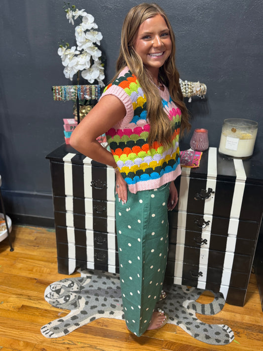 Green Polka Dot Wide Denim Pants