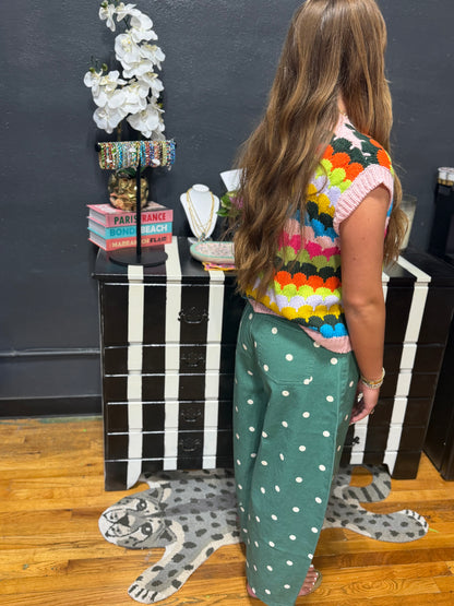 Green Polka Dot Wide Denim Pants