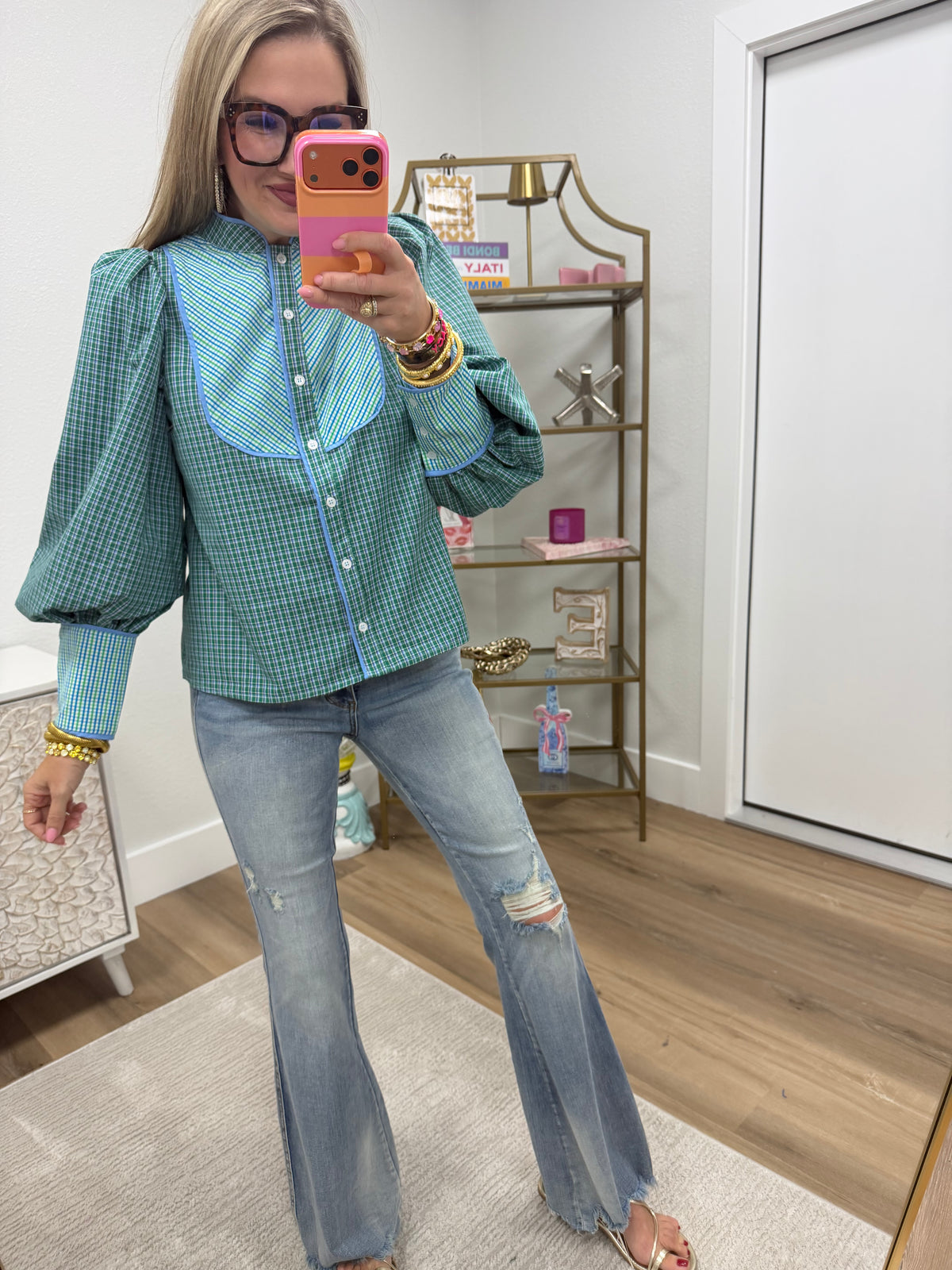 Green Mix Button Up Top