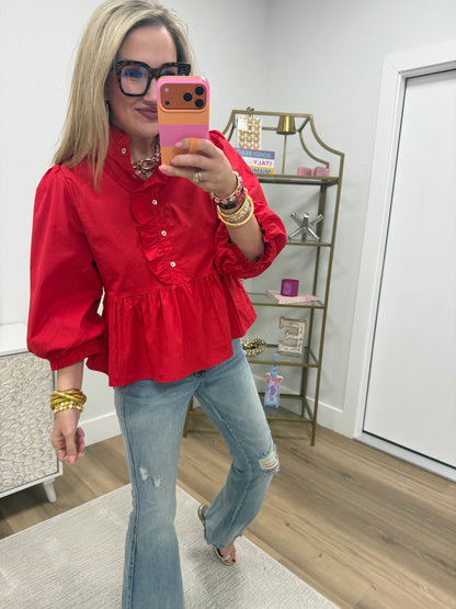 Red Ruffle Button Up Elastic Arm Top