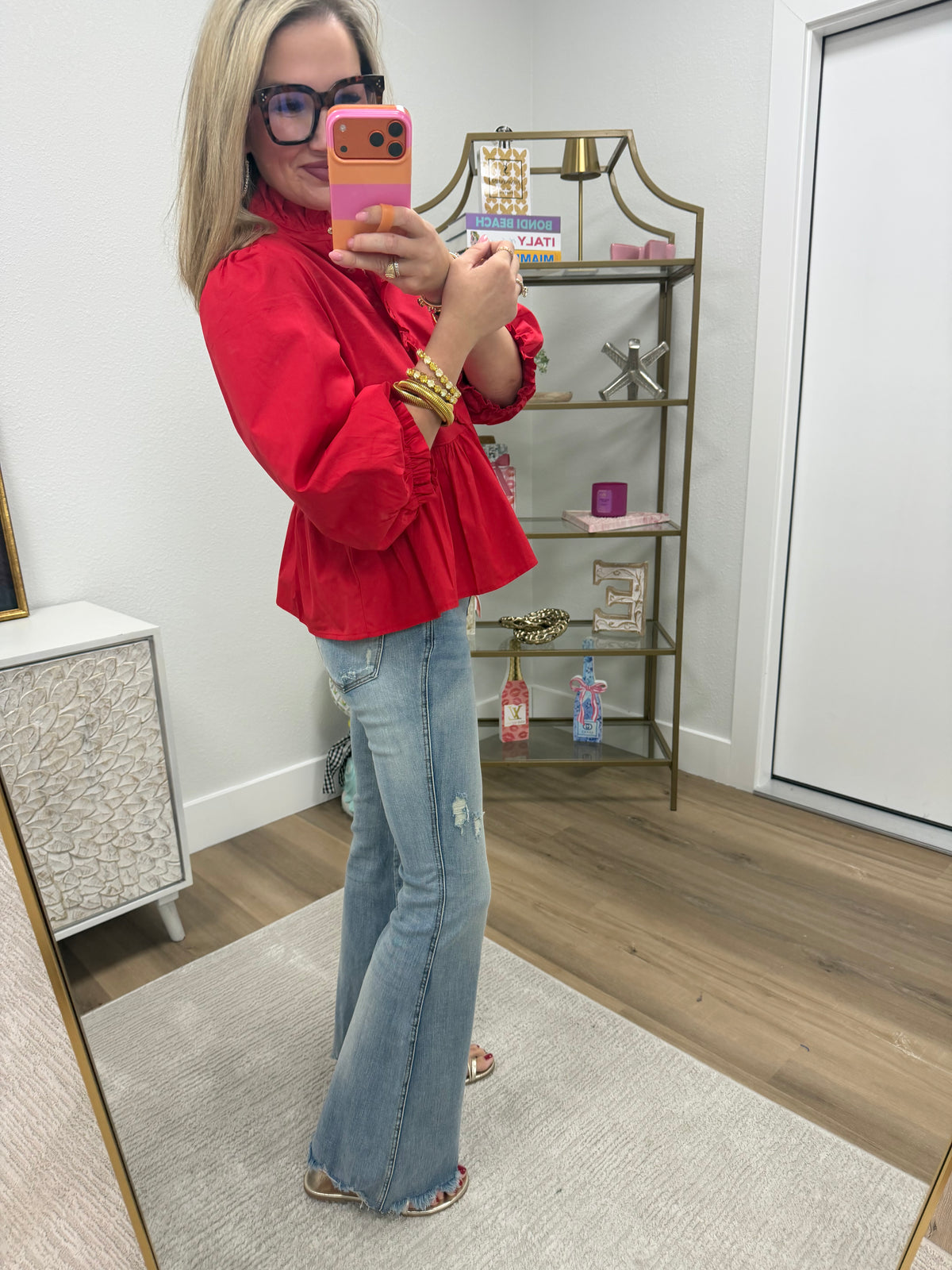 Red Ruffle Button Up Elastic Arm Top