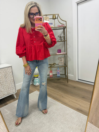 Red Ruffle Button Up Elastic Arm Top