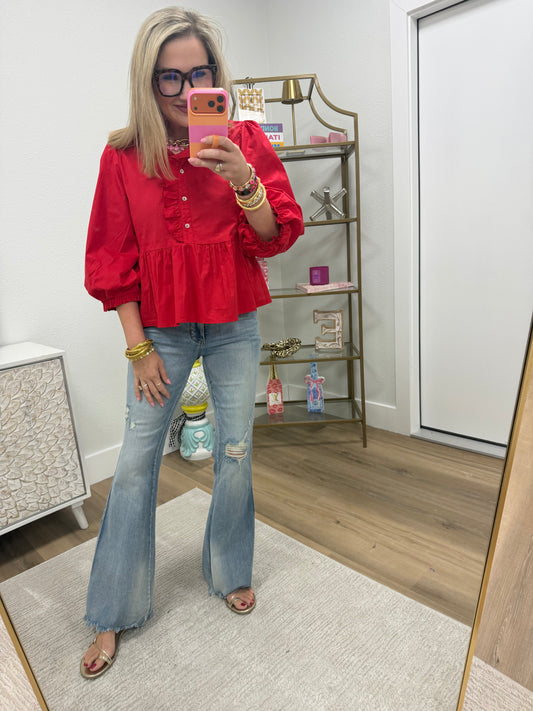 Red Ruffle Button Up Elastic Arm Top