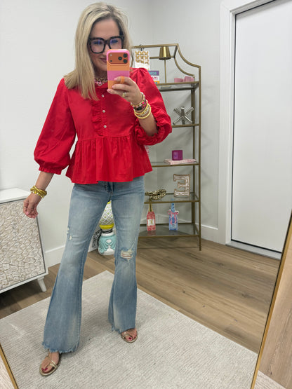 Red Ruffle Button Up Elastic Arm Top