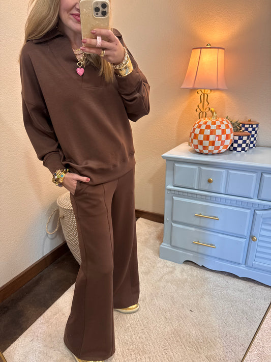 Brown Scuba Collared Pullover Two Piece Pant Set