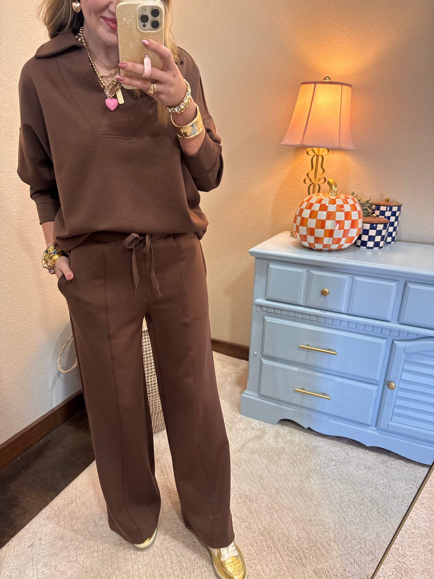 Brown Scuba Collared Pullover Two Piece Pant Set