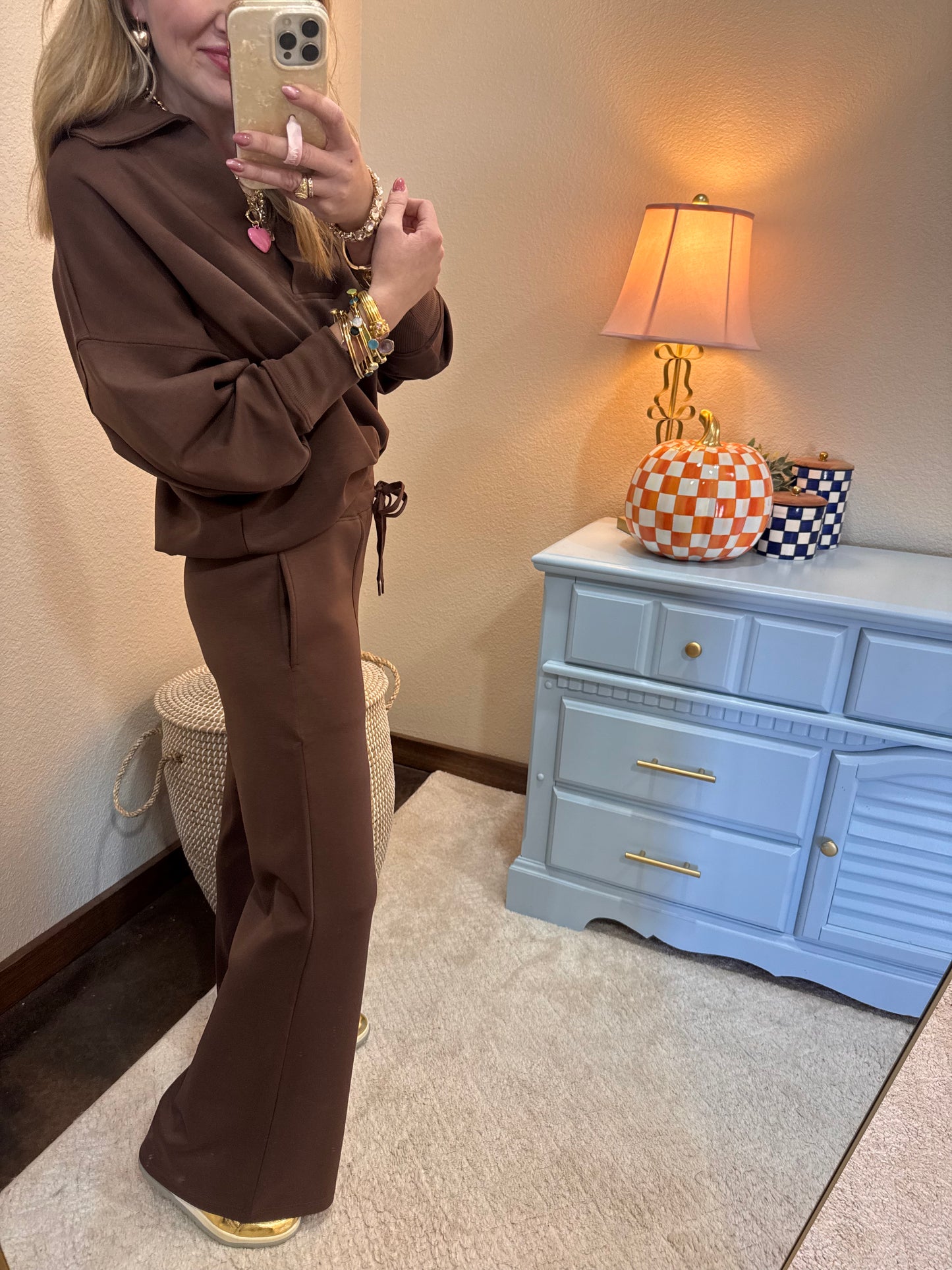 Brown Scuba Collared Pullover Two Piece Pant Set