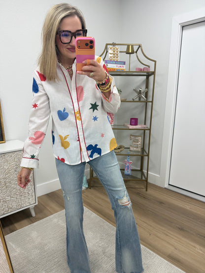 White Multi Colored Heart Button Up Top