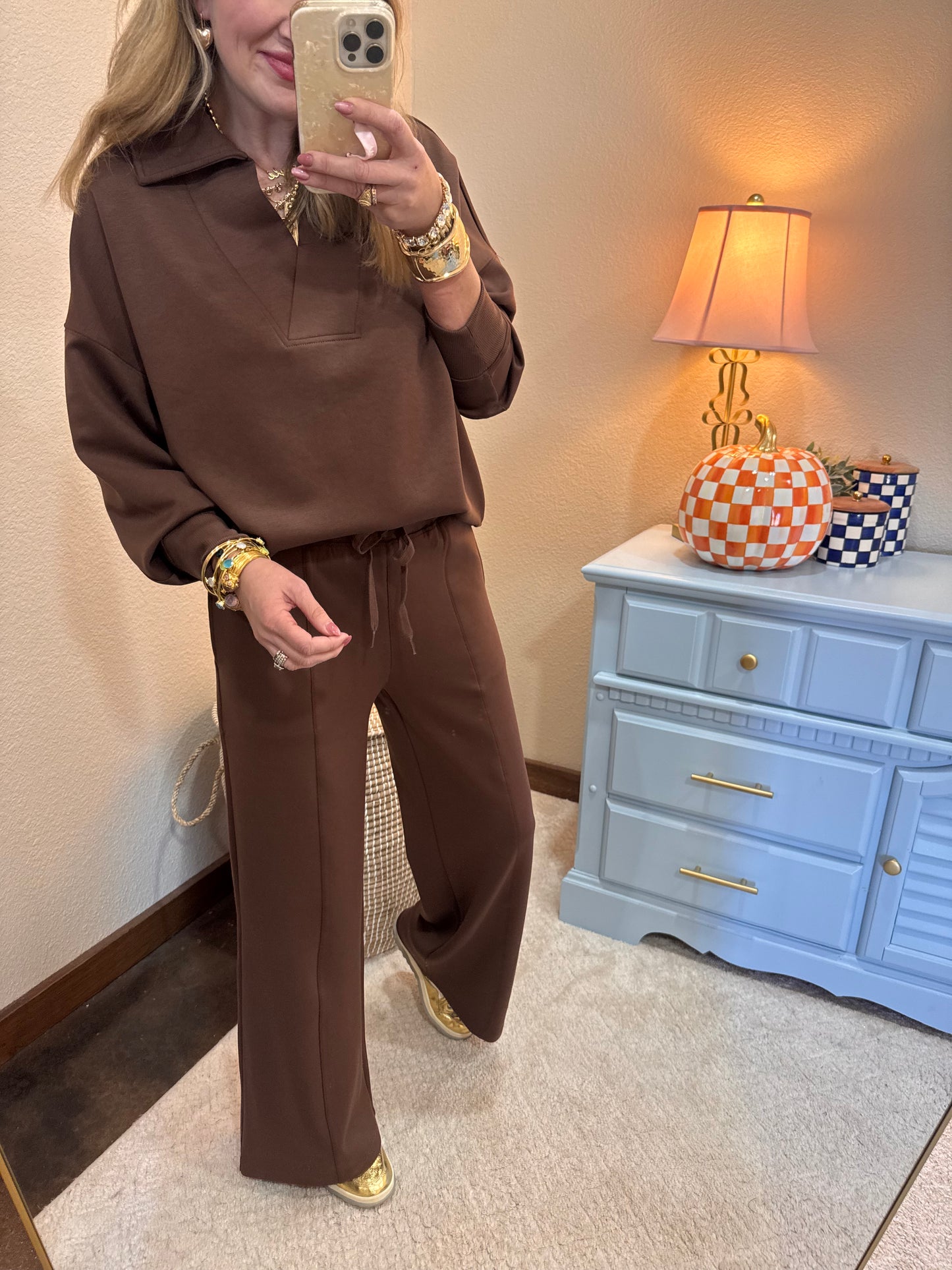 Brown Scuba Collared Pullover Two Piece Pant Set