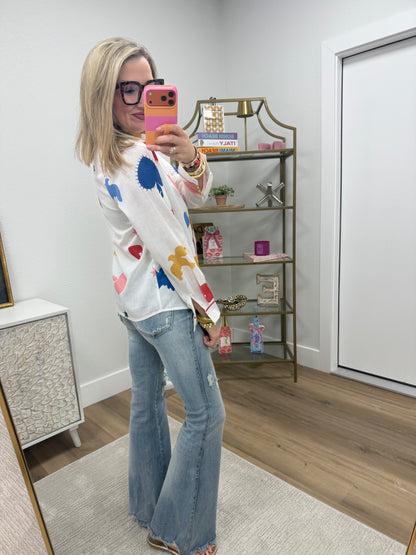 White Multi Colored Heart Button Up Top