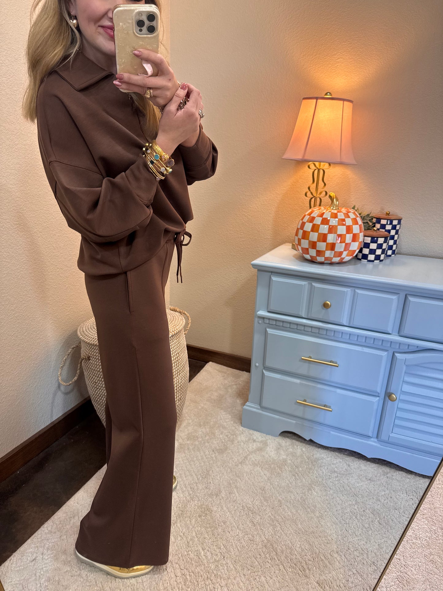 Brown Scuba Collared Pullover Two Piece Pant Set