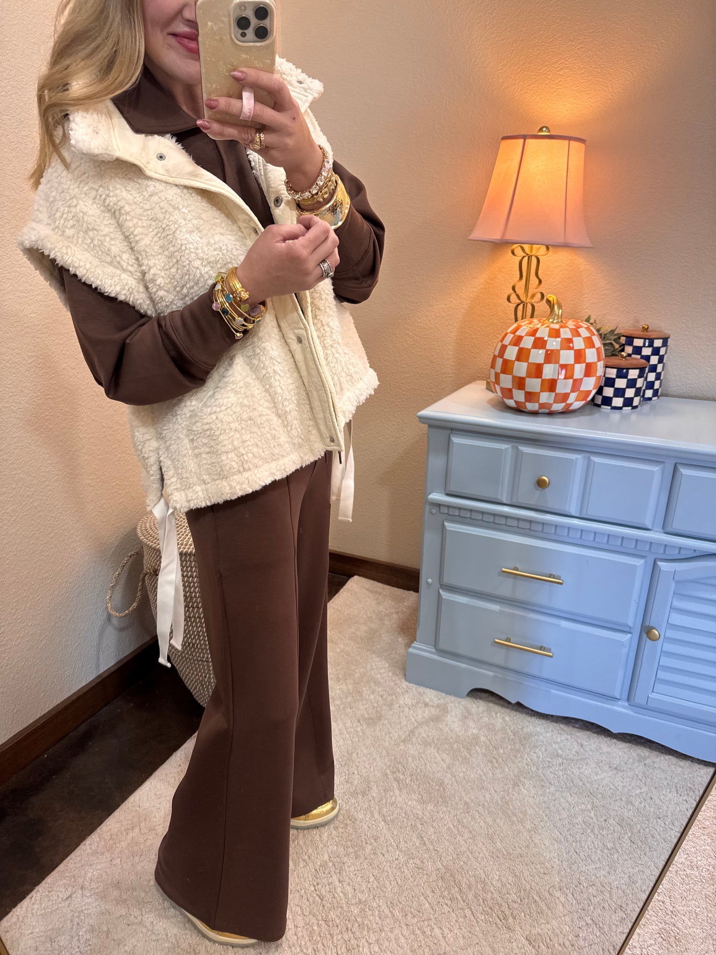 Brown Scuba Collared Pullover Two Piece Pant Set