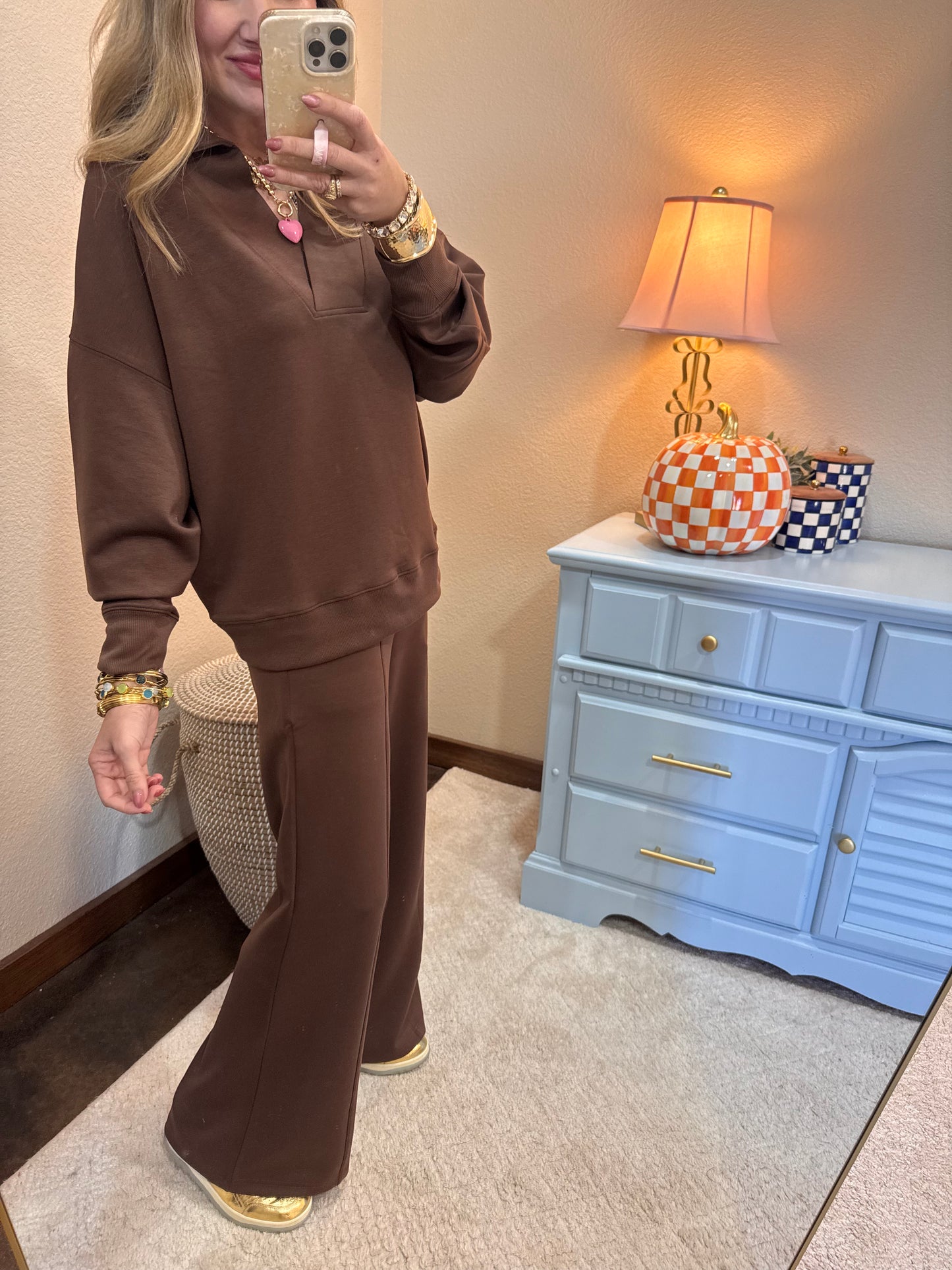 Brown Scuba Collared Pullover Two Piece Pant Set