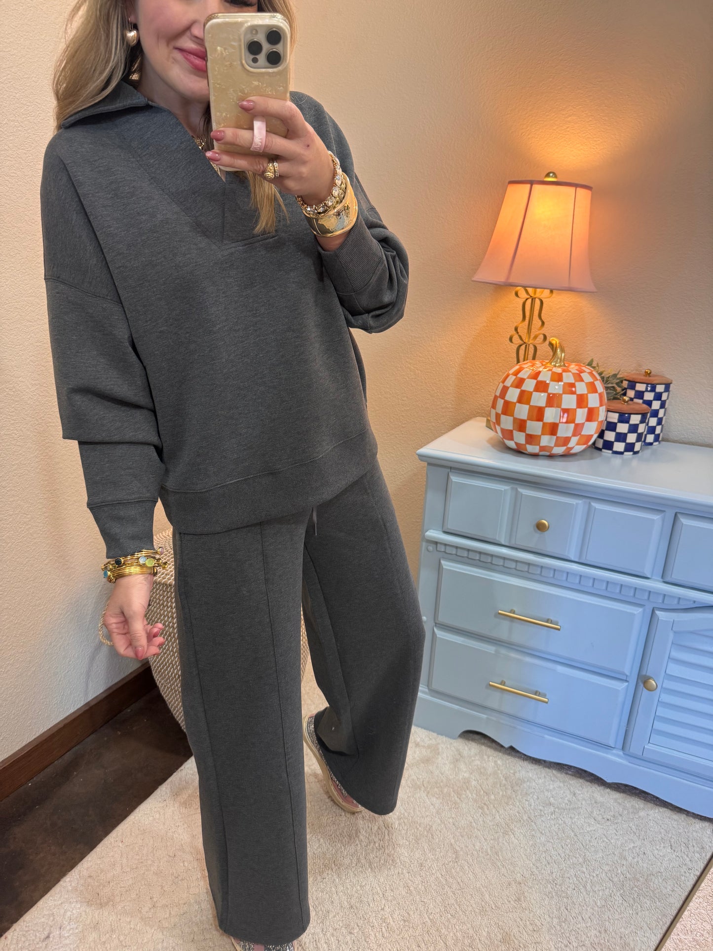 Charcoal Scuba Collared Pullover Two Piece Pant Set