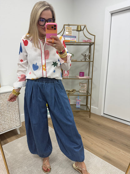White Multi Colored Heart Button Up Top
