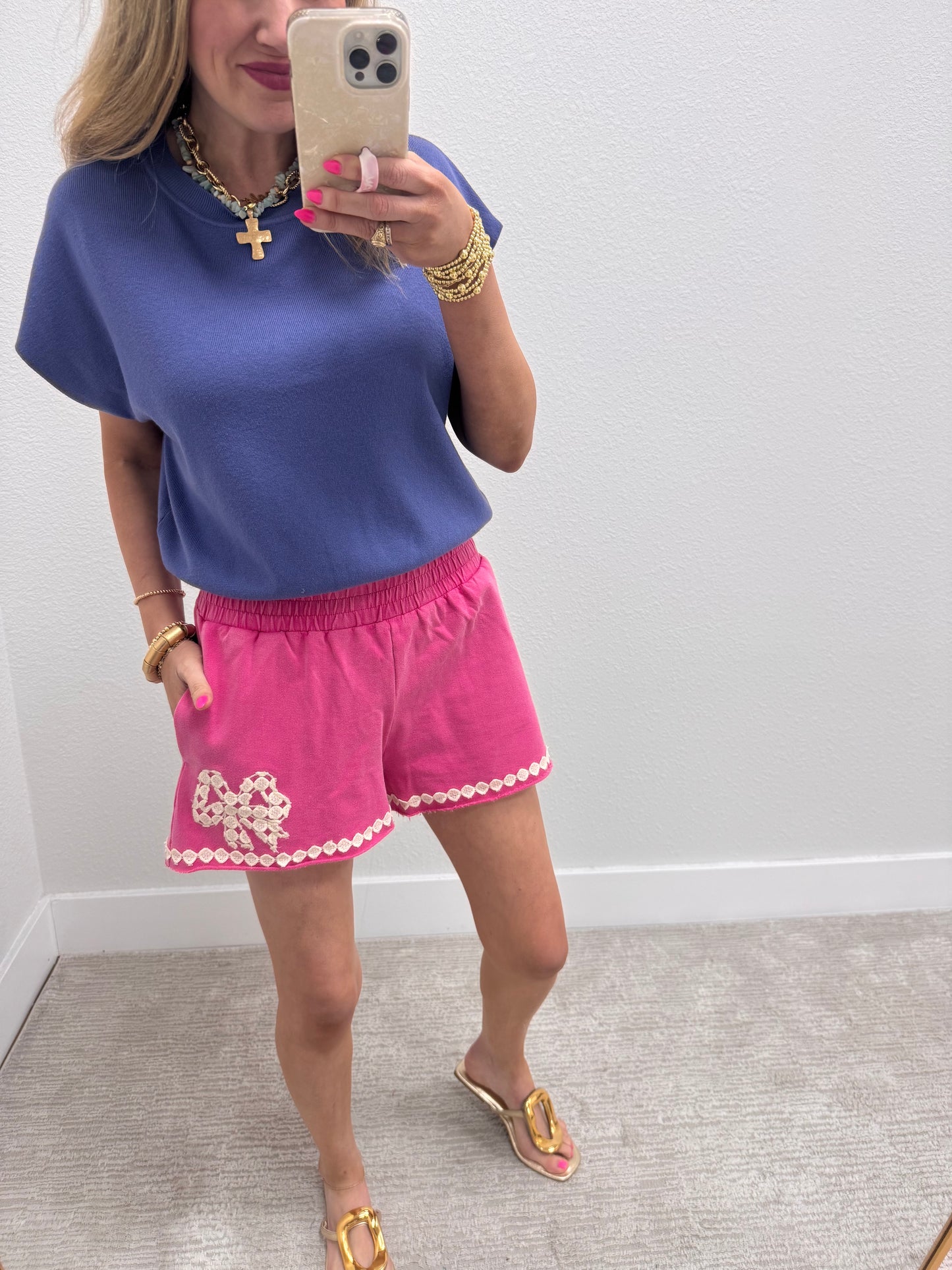 Hot Pink Mineral Wash Shorts with Ribbon Accents