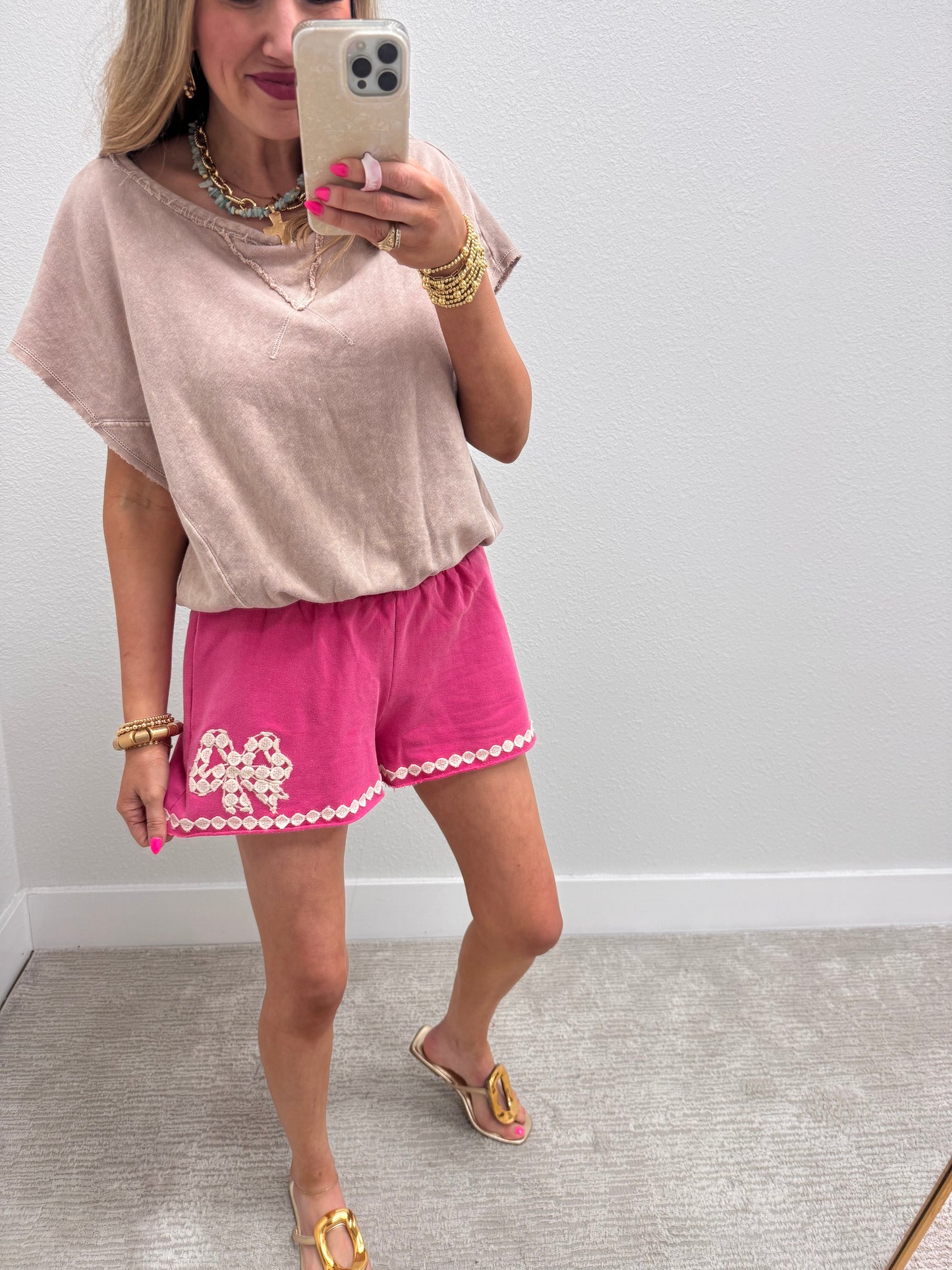 Hot Pink Mineral Wash Shorts with Ribbon Accents