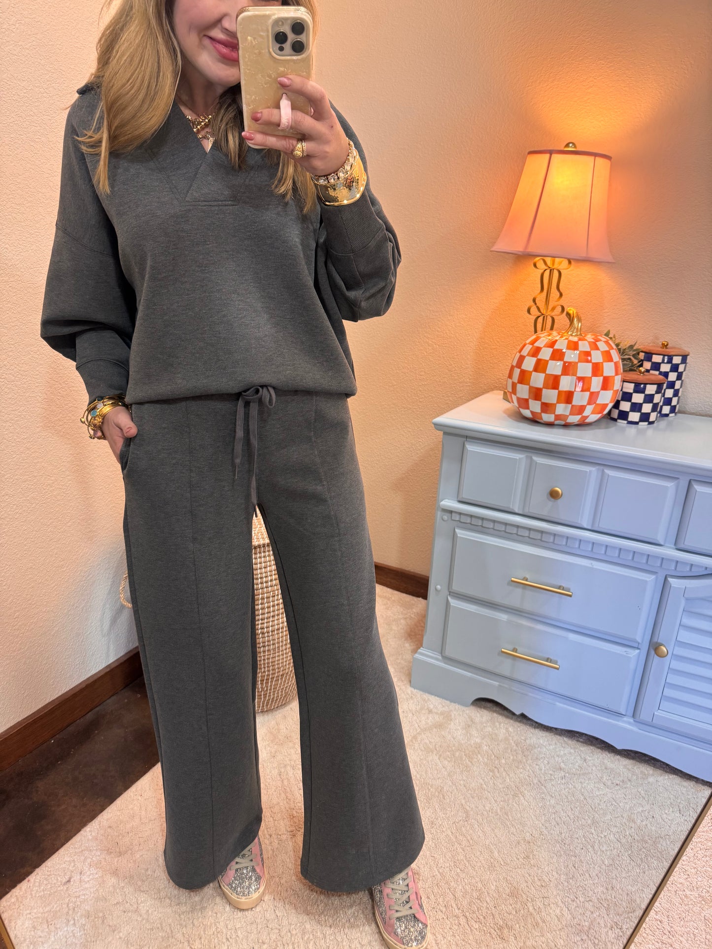 Charcoal Scuba Collared Pullover Two Piece Pant Set
