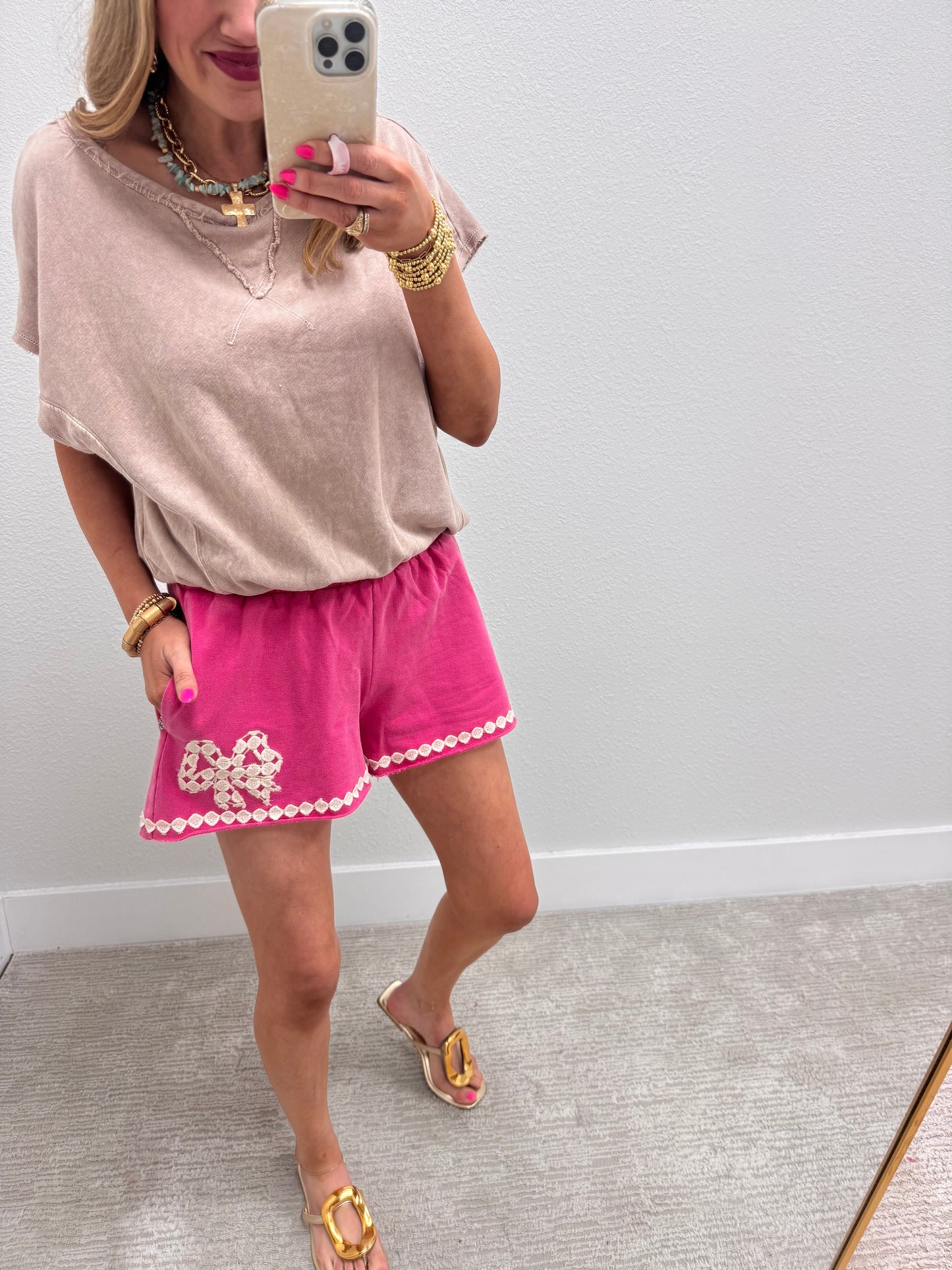 Hot Pink Mineral Wash Shorts with Ribbon Accents