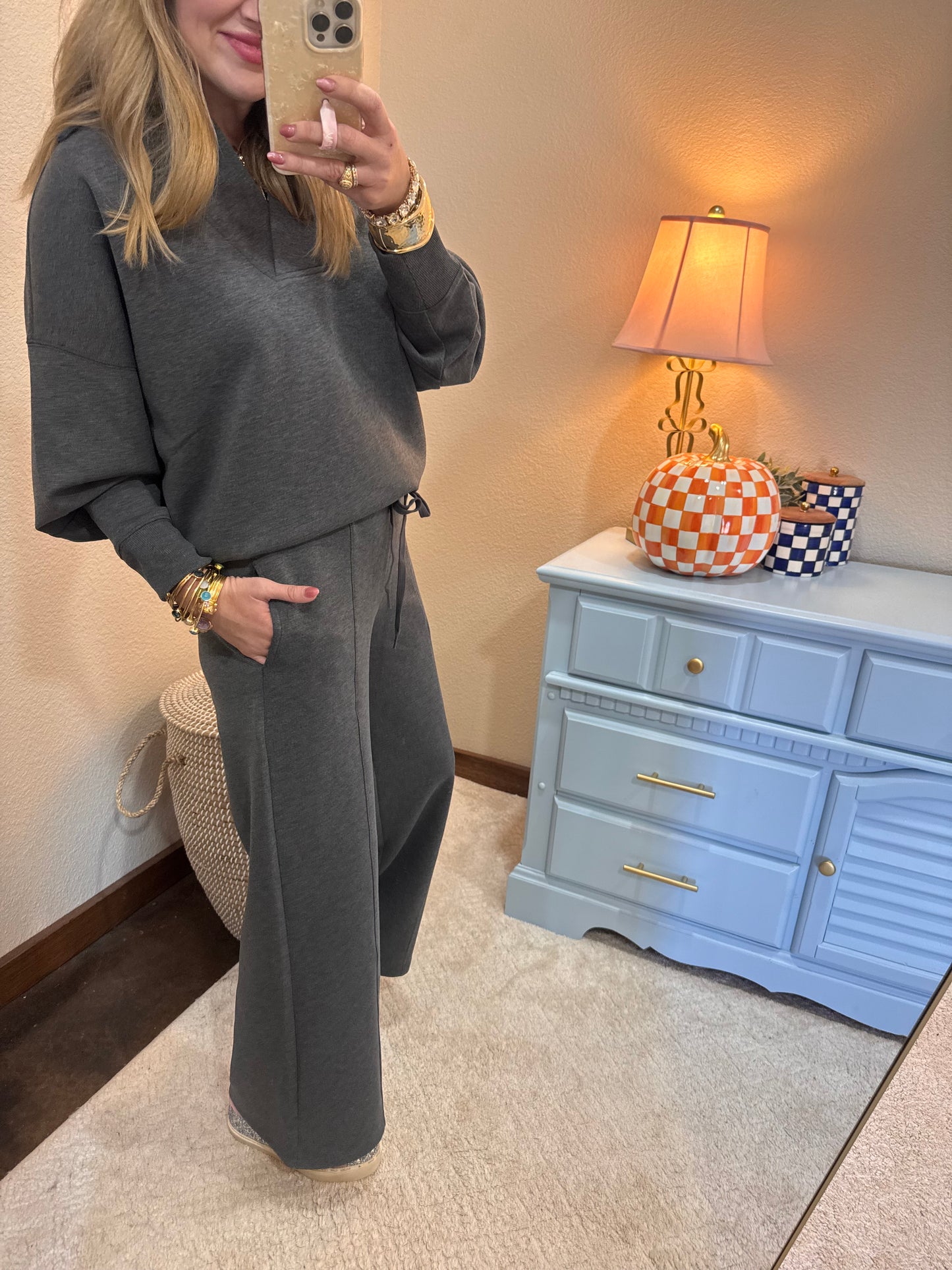 Charcoal Scuba Collared Pullover Two Piece Pant Set