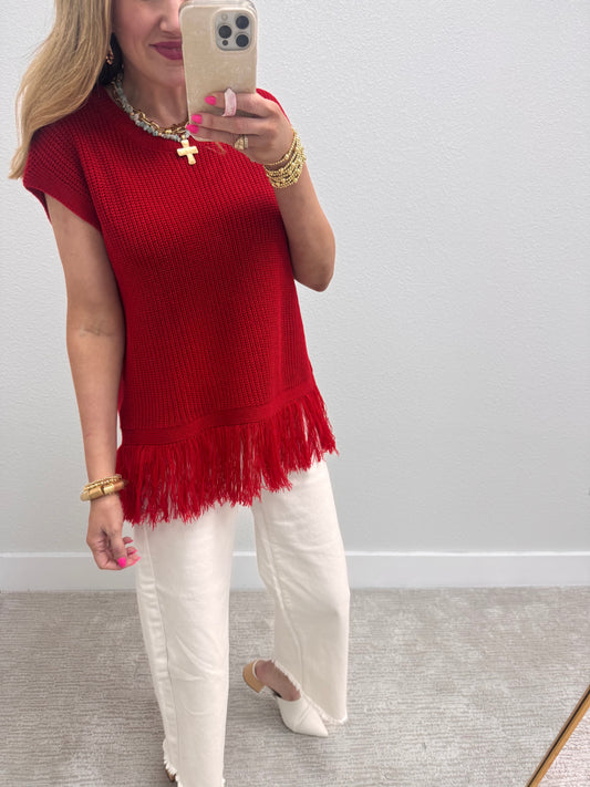 Solid Red Fringe Hem Sweater Top