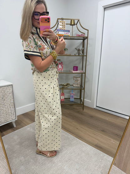 Cream Polka Dot Tie Waist Pants