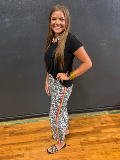 Leopard Colored Side Striped Denim Jogger Pants