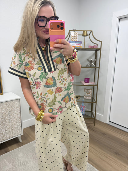 Cream Polka Dot Tie Waist Pants