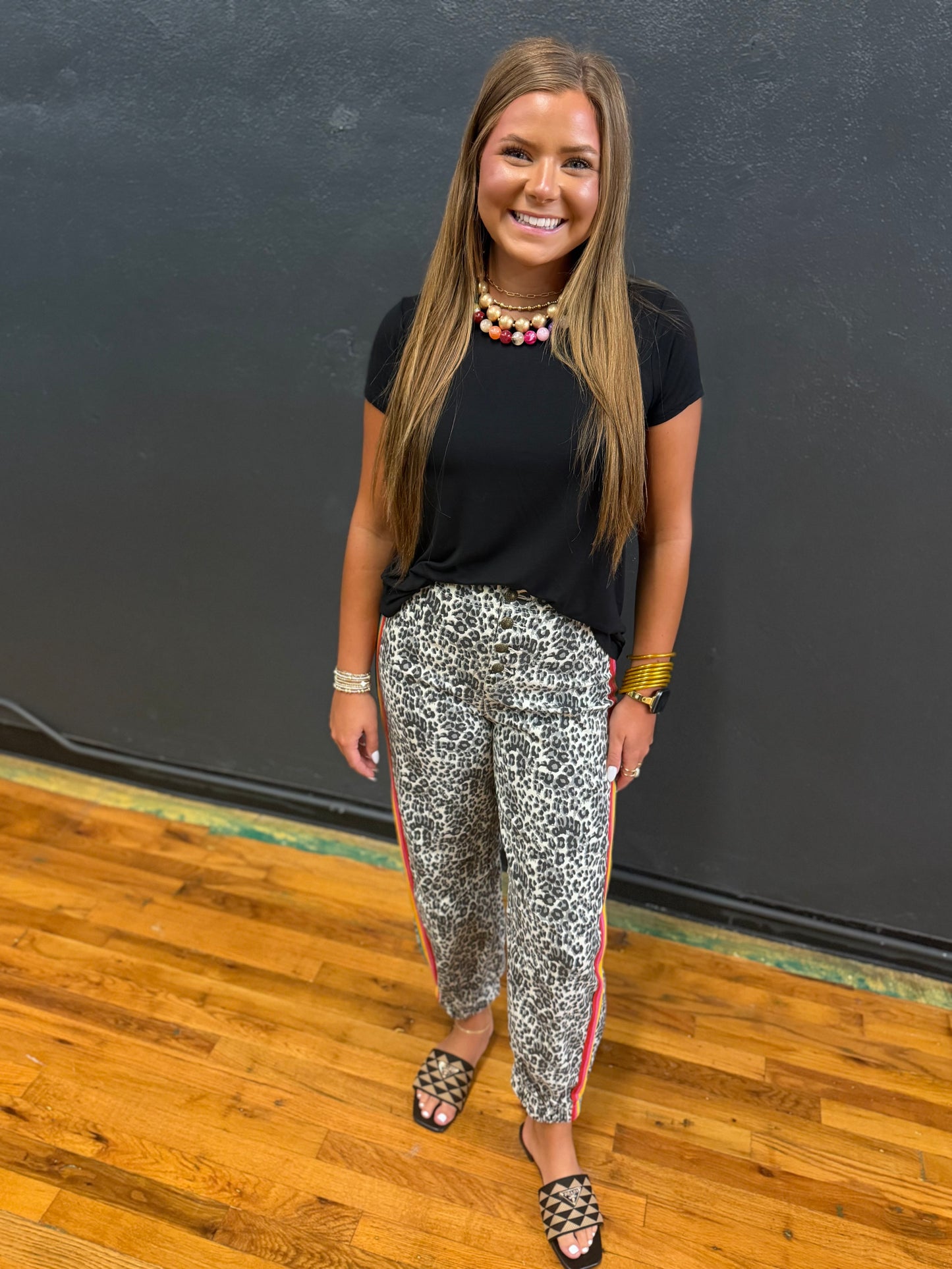 Leopard Colored Side Striped Denim Jogger Pants