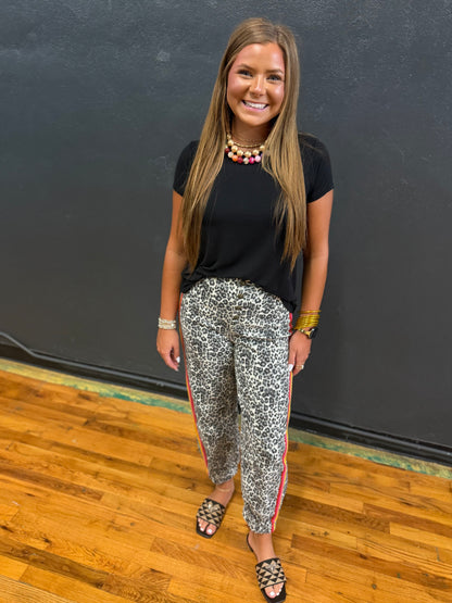Leopard Colored Side Striped Denim Jogger Pants
