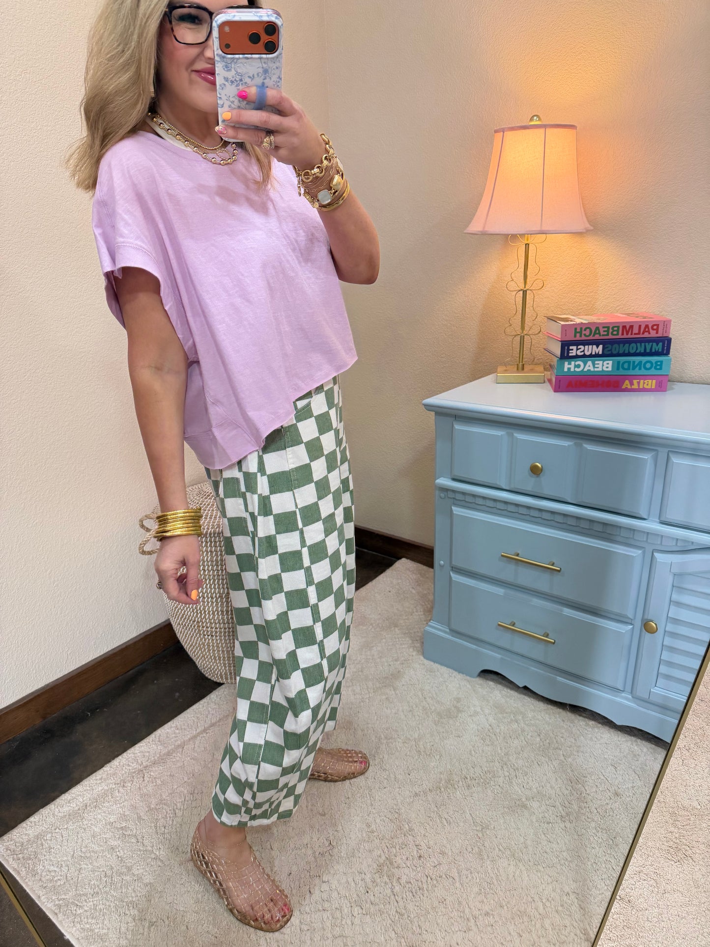 Sage Combo Checkered Printed Barrel Denim Pants