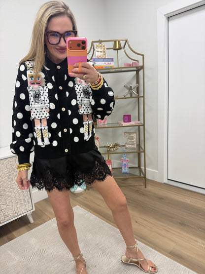 Queen of Sparkles Black & White Polka Dot Nutcracker Cardigan