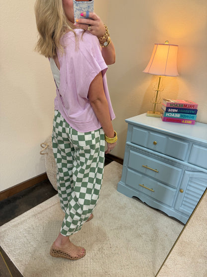 Sage Combo Checkered Printed Barrel Denim Pants