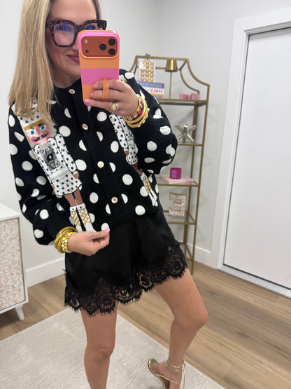 Queen of Sparkles Black & White Polka Dot Nutcracker Cardigan