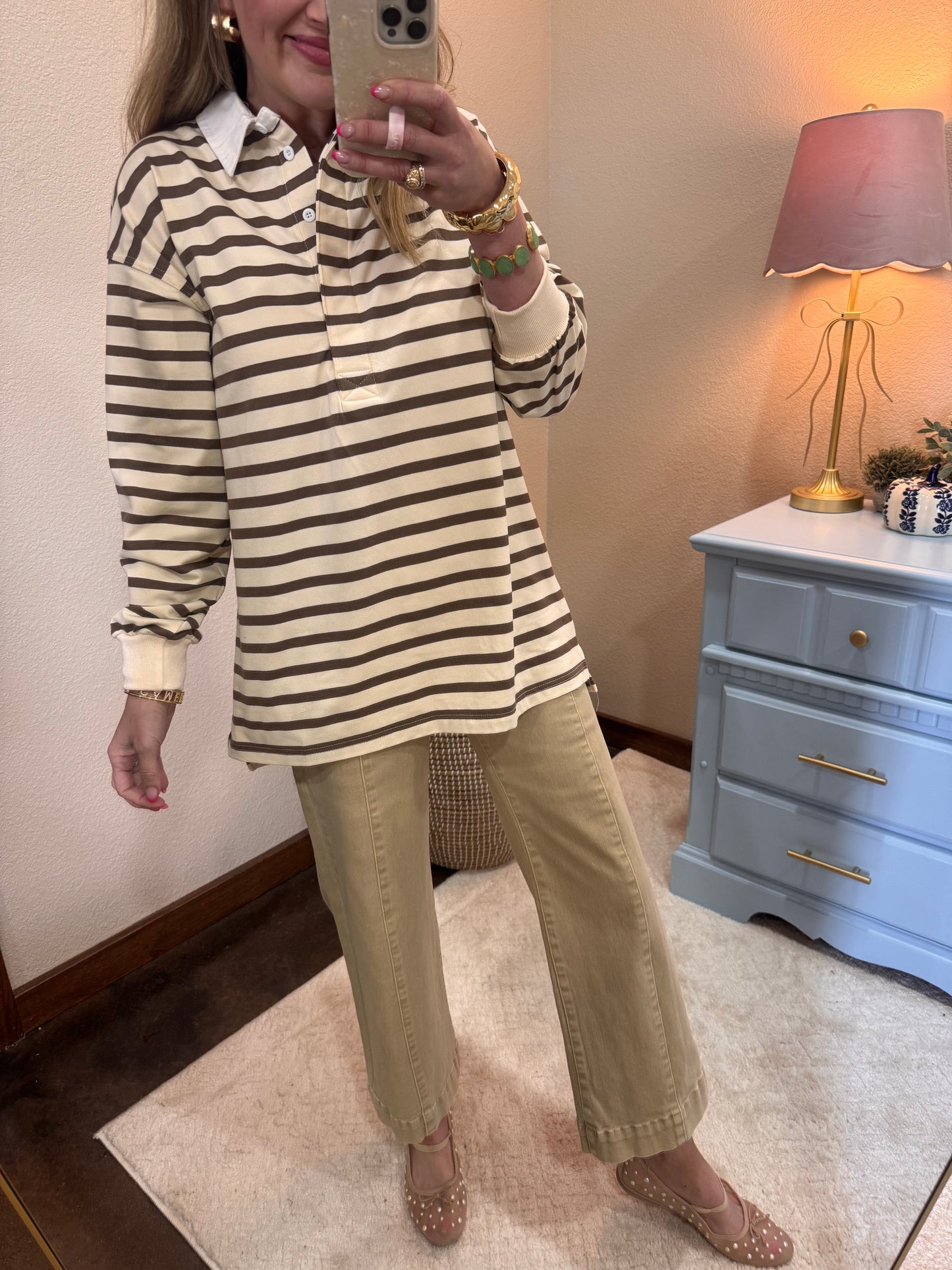 Cream/Brown Button up Collar Long Sleeve Top
