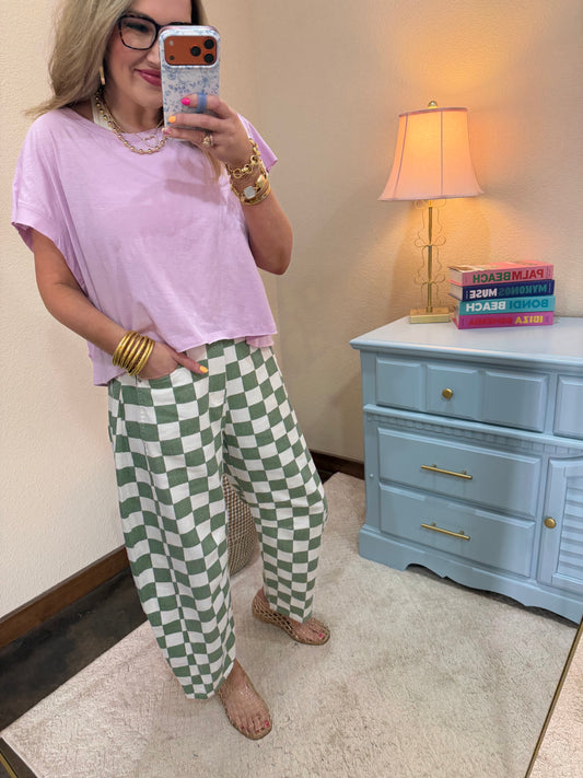 Sage Combo Checkered Printed Barrel Denim Pants