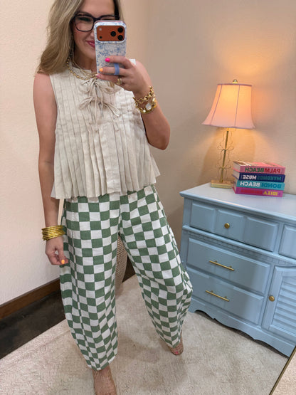 Sage Combo Checkered Printed Barrel Denim Pants