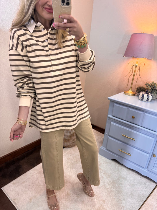 Cream/Brown Button up Collar Long Sleeve Top