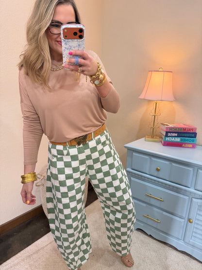 Sage Combo Checkered Printed Barrel Denim Pants