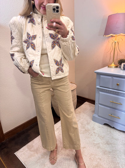 Cream Floral Applique Quilted Jacket FS