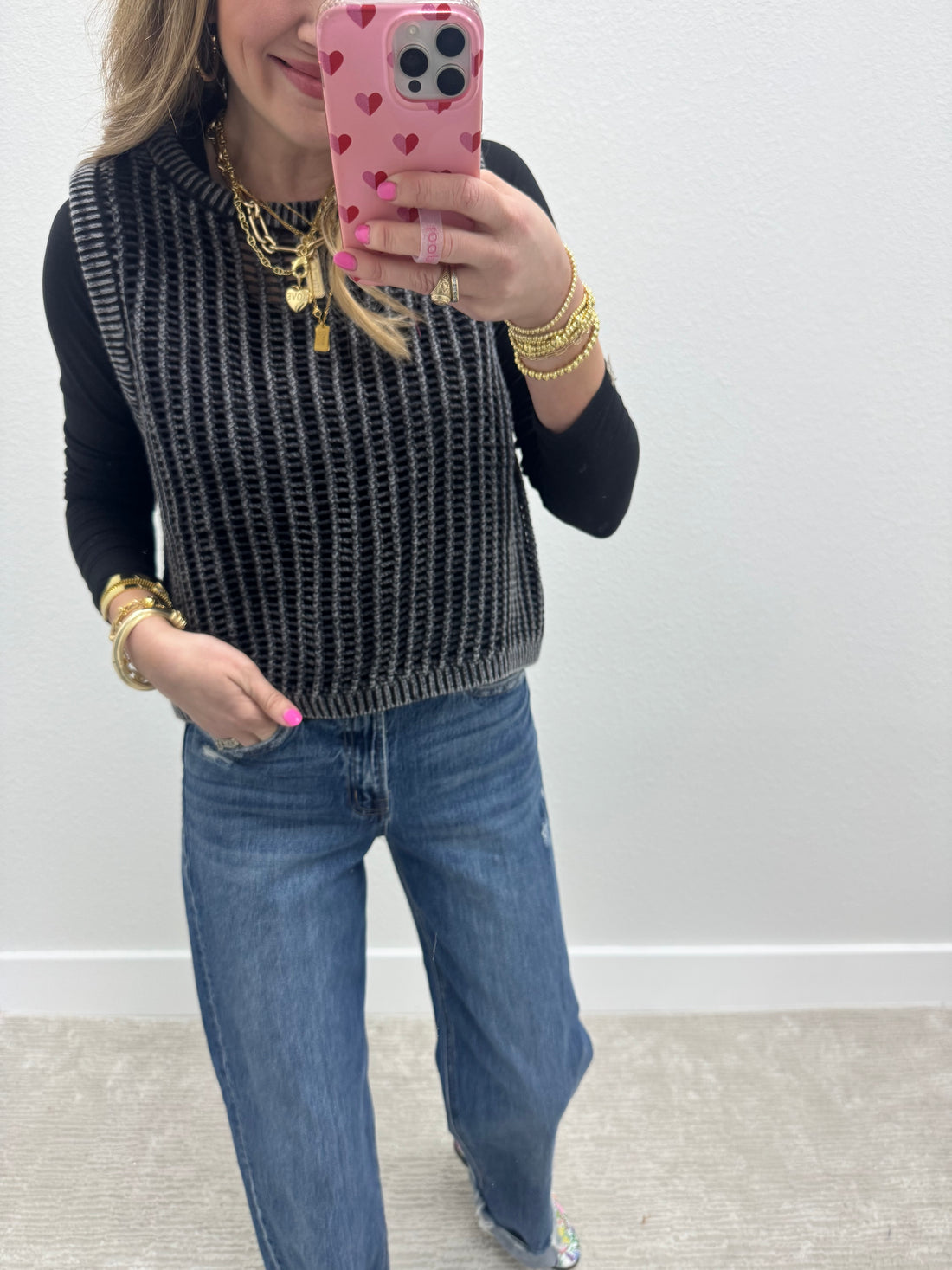 Washed Black Open Knit Sleeveless Top