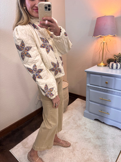 Cream Floral Applique Quilted Jacket FS