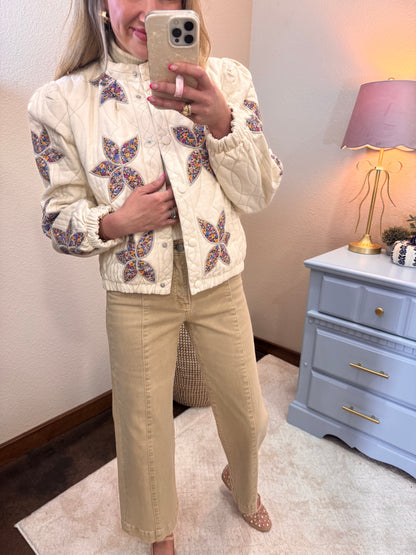 Cream Floral Applique Quilted Jacket FS
