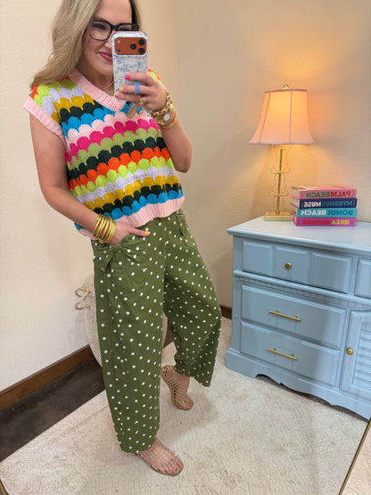 Olive High Rise Polka Dot & Bow Tied Side Panel Pants