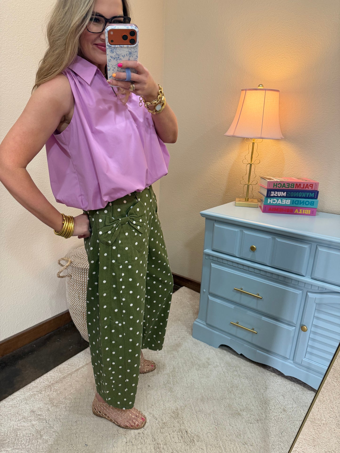 Olive High Rise Polka Dot & Bow Tied Side Panel Pants