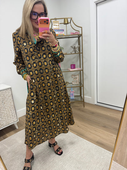 Black & Brown Multi Pattern Floral High Neck Dress