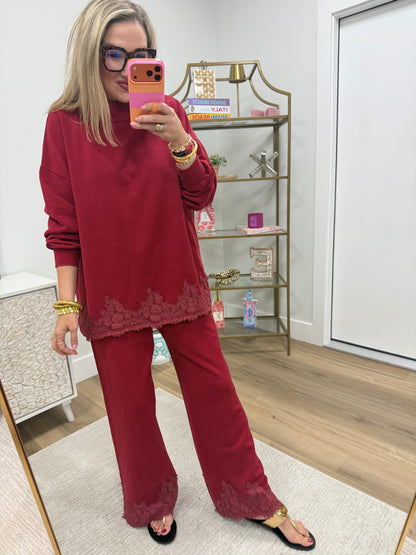 Red Lace Hem Detailed Washed French Terry Set