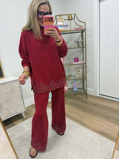 Red Lace Hem Detailed Washed French Terry Set